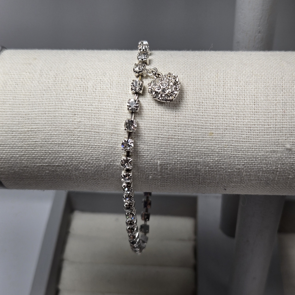 Monet Silver Tone Rhinestone Bracelet With No Clasp with Heart Charm